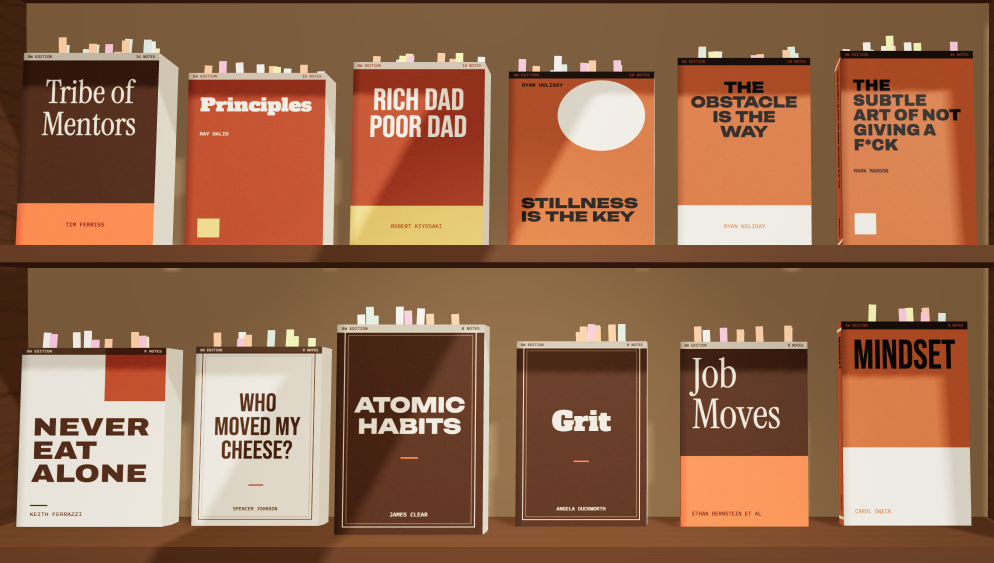 A view into Brian’s personal library, with shelves of books and reading notes